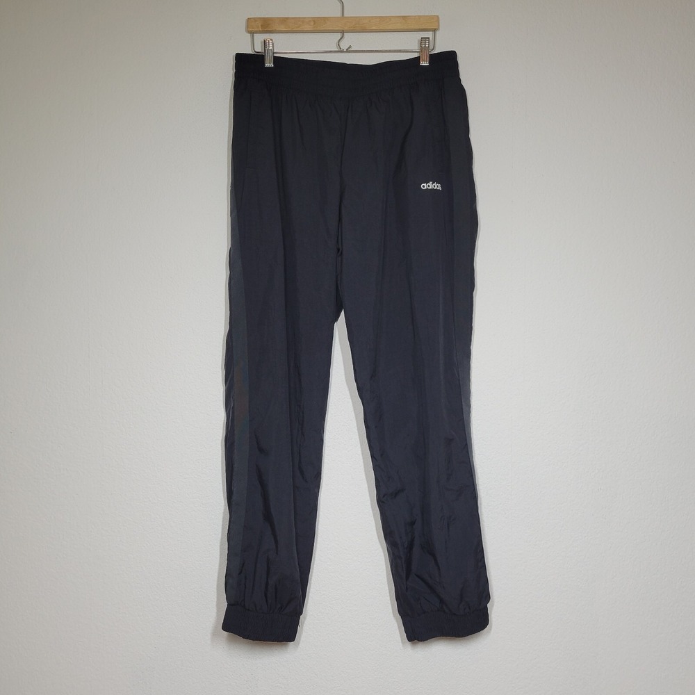 Y2K Adidas Track Pants Jogger Black Windbreaker Lined Pockets Mens XL 35x32